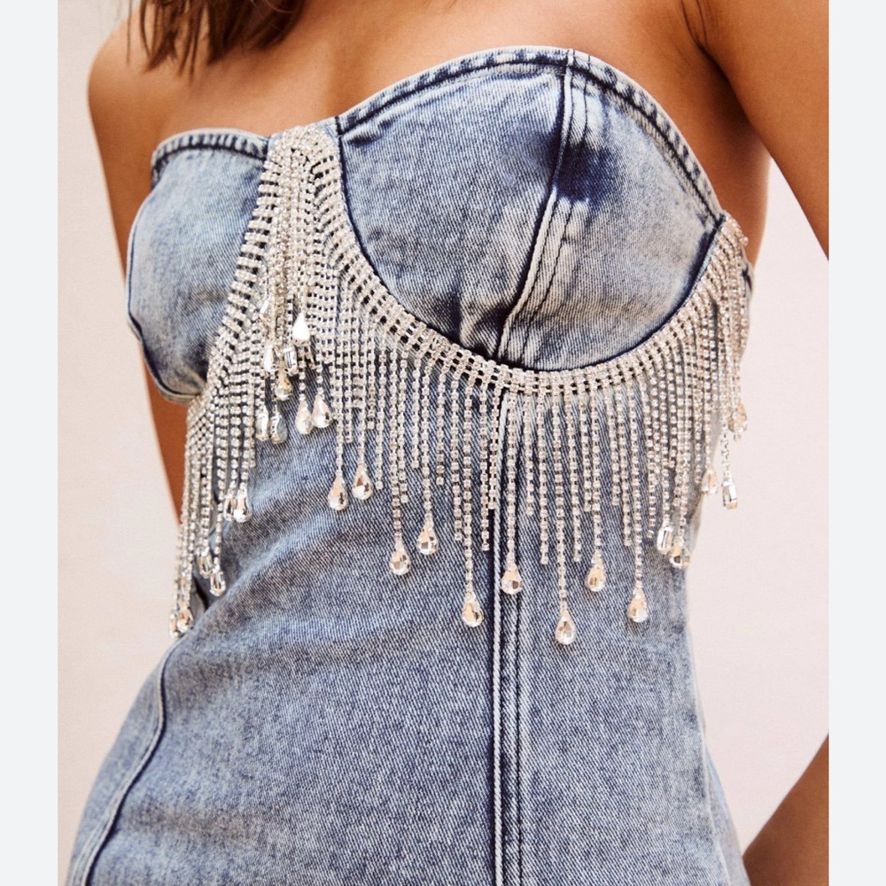 Nasty Gal - Denim Diamante Trim Bandeau Mini Dress